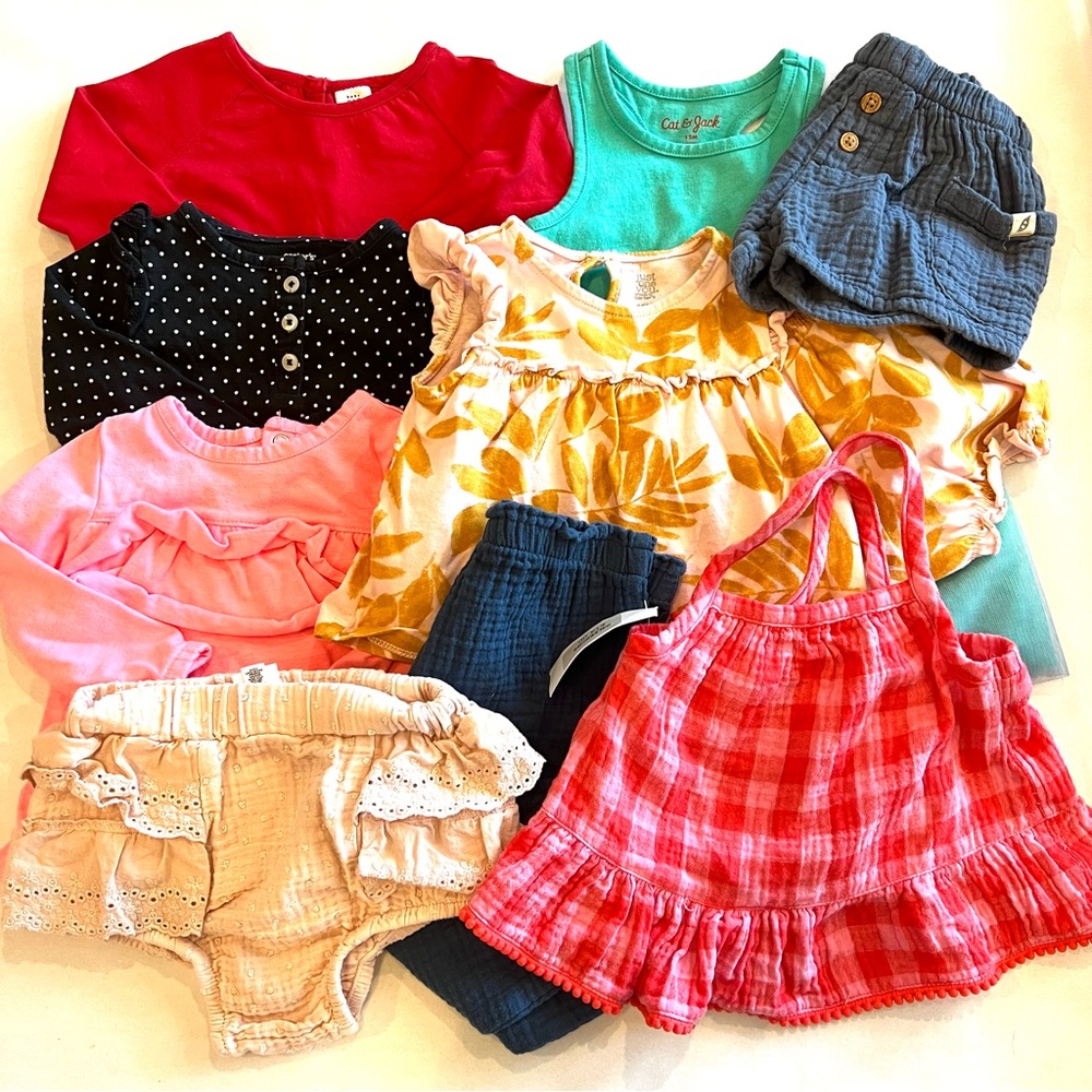 Lot of (10)  12 M Girls Tops, Shorts, Pants, Multiple Brands Carter’s Cat&Jack